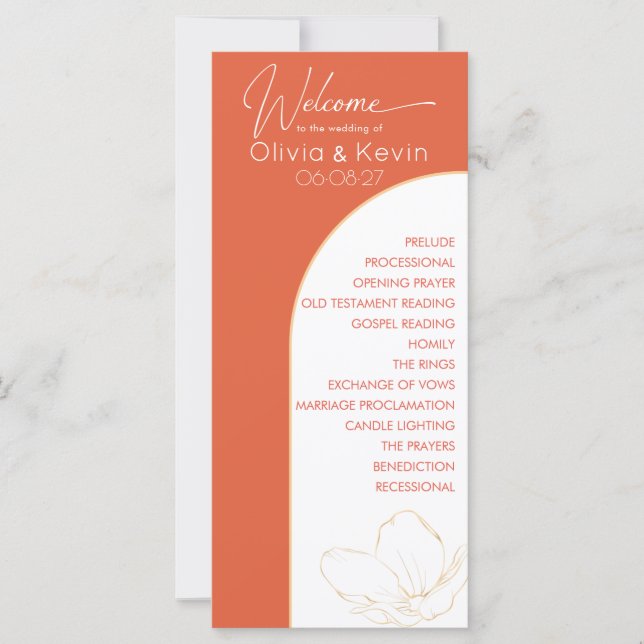 Bright orange Verona sunset arched wedding program (Front)