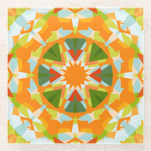 Bright Orange Vibrant Green Star Boho Maximalist Glass Coaster