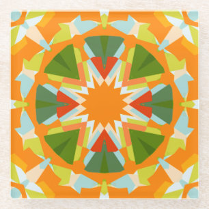 Bright Orange Vibrant Green Star Boho Maximalist Glass Coaster