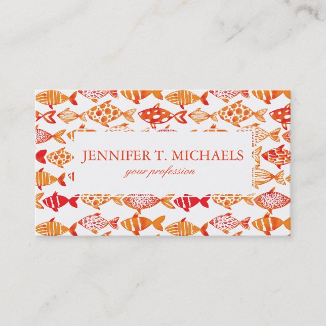 Bright Orange Watercolor Fish Pattern Business Card (Front)