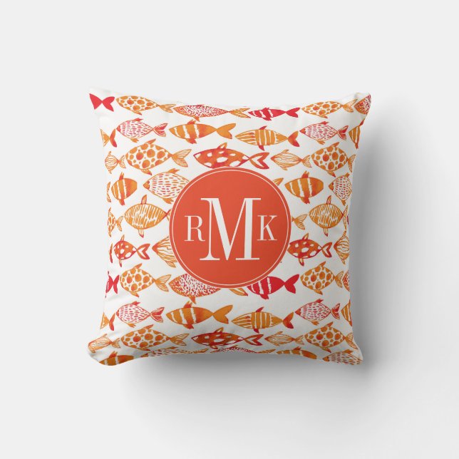 Bright Orange Watercolor Fish Pattern Cushion (Front)
