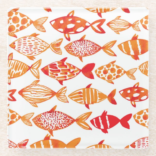 Bright Orange Watercolor Fish Pattern Glass Coaster (Front)