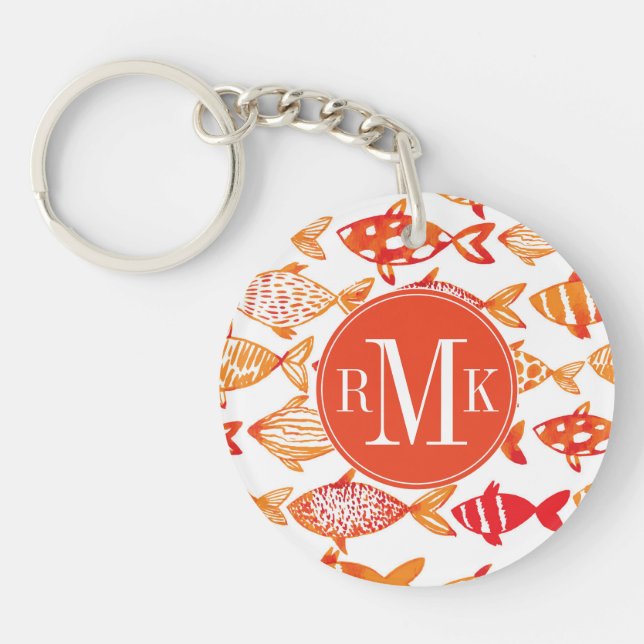 Bright Orange Watercolor Fish Pattern Key Ring (Front)