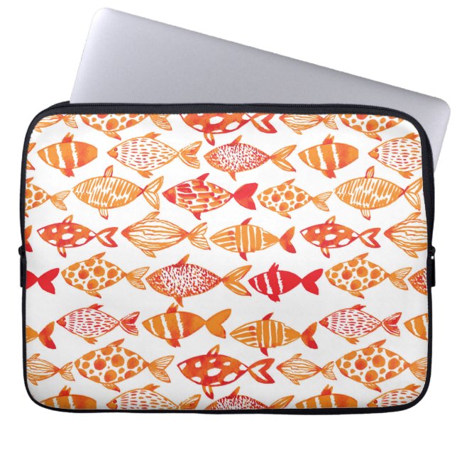 Bright Orange Watercolor Fish Pattern Laptop Sleeve (Front)