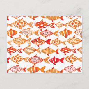 Bright Orange Watercolor Fish Pattern Postcard