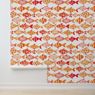Bright Orange Watercolor Fish Pattern Wallpaper