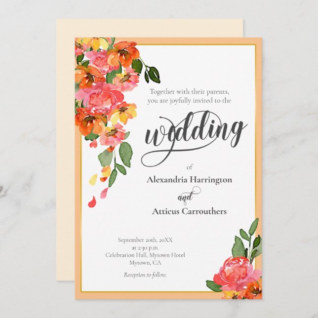 Bright Orange Watercolor Floral Invitation (Front/Back)