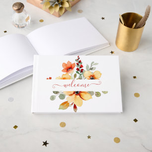 Bright orange watercolor floral personalised   guest book