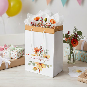 Bright orange watercolor floral personalised medium gift bag