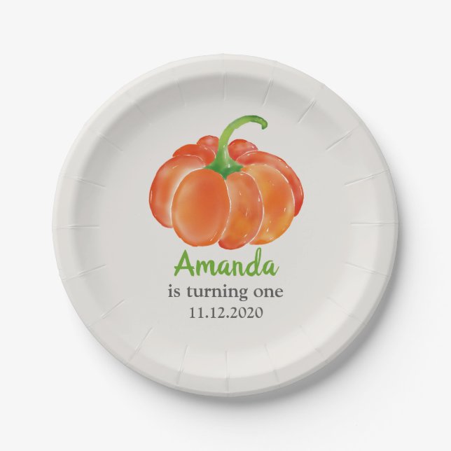 Bright Orange Watercolor Pumpkin First Birthday Paper Plate (Front)