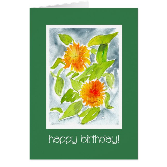 Bright Orange Watercolour Pot Marigolds Birthday (Front)