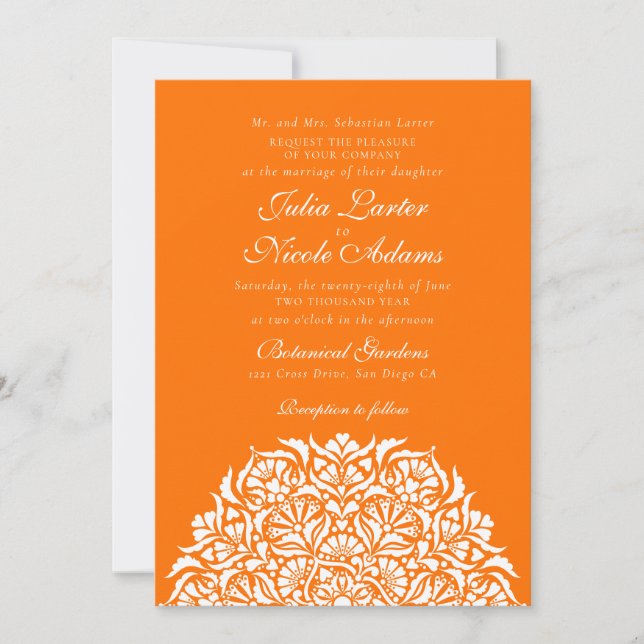 Bright Orange Whimsical Floral Mandala Wedding Invitation (Front)