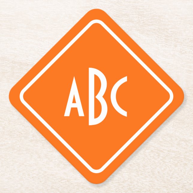 Bright Orange with White 3 Letter Monogram Paper Coaster (Front)