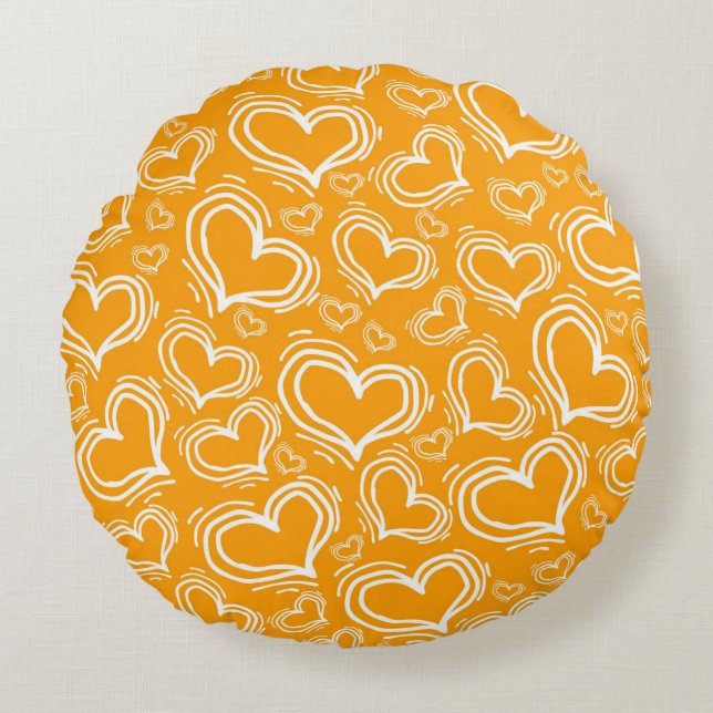 BRIGHT ORANGE WITH WHITE HEARTS AND FLOWERS ROUND CUSHION (Front)