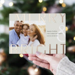 Bright Overlay | Modern Photo<br><div class="desc">A modern holiday card featuring a horizontal or landscape-oriented photo with "Merry & Bright" overlaid in oversized rose gold foil lettering. Personalize with your custom holiday greeting,  family name,  and the year. A chic and modern minimalist choice for your Christmas greetings.</div>