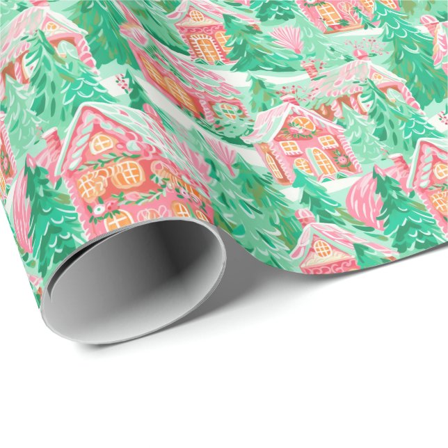 Bright Palm Beach Christmas Gingerbread Houses Wrapping Paper (Roll Corner)
