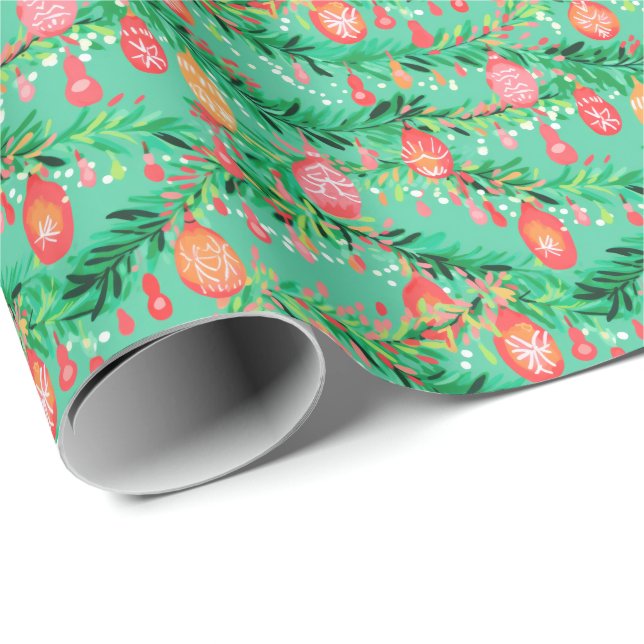 Bright Palm Beach Christmas Ornaments Watercolor Wrapping Paper (Roll Corner)