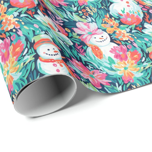 Bright Palm Beach Christmas Snowman Watercolor Wrapping Paper (Roll Corner)