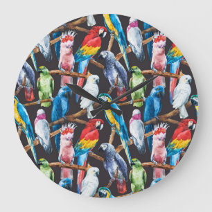 Bright parrot: tropical watercolor wallpaper. large clock
