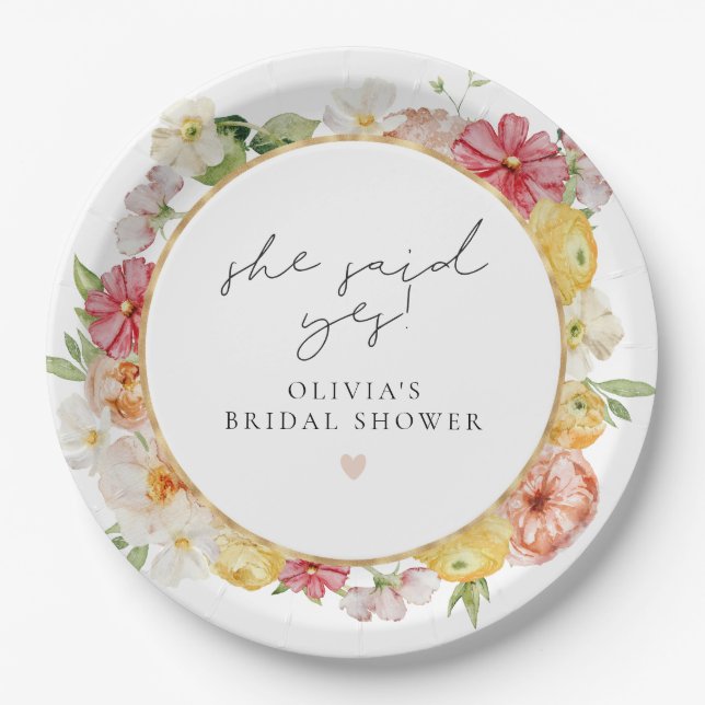 Bright Pastel Watercolor Floral Bridal Shower Paper Plate (Front)