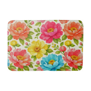 Bright Pastel Watercolor Peony Garden Pattern Bath Mat