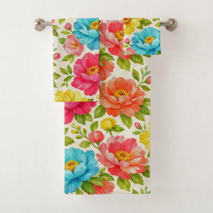 Bright Pastel Watercolor Peony Garden Pattern Bath Towel Set