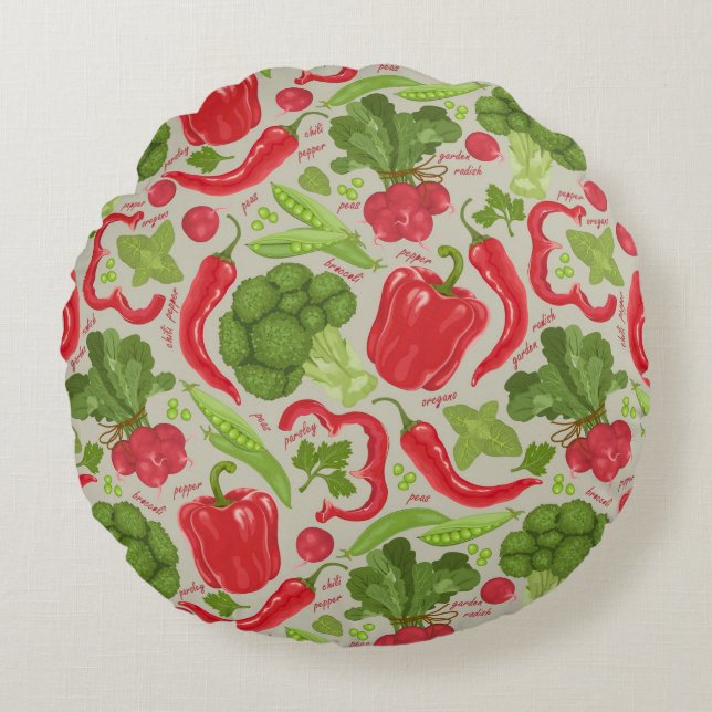 Bright pattern from fresh vegetables round cushion (Front)