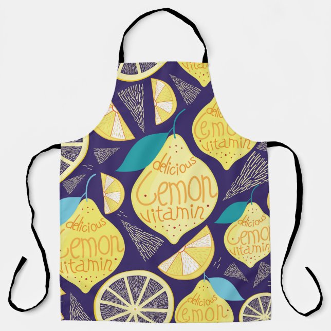 Bright pattern of lemons and cloves on a dark blue apron (Front)