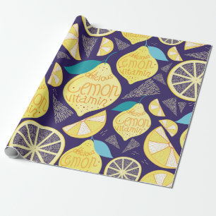 Bright pattern of lemons and cloves on a dark blue wrapping paper