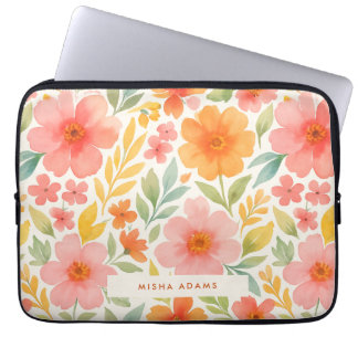 Bright Pattern Pink Orange Watercolor Floral  Laptop Sleeve