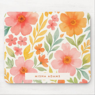 Bright Pattern Pink Orange Watercolor Floral  Mouse Pad