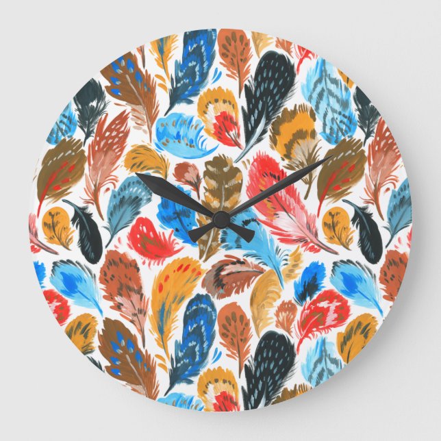 Bright pattern with bird feathers large clock (Front)