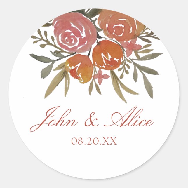 Bright Peach and Orange Floral Wedding Classic Round Sticker (Front)