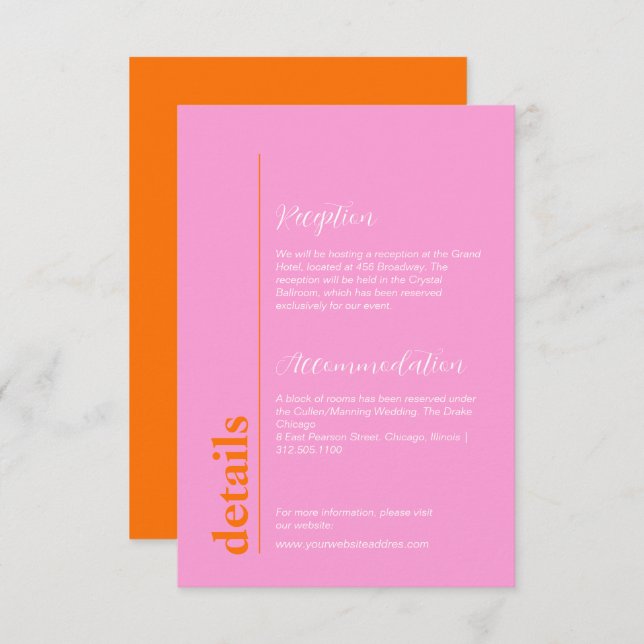 Bright peach & pink colourful wedding information  enclosure card (Front/Back)