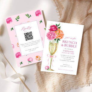 Bright Peony w/QR Code on Back, Brunch and Bubbly Invitation