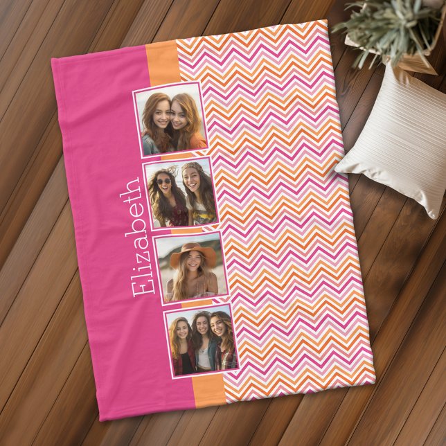 Bright Photo Collage Hot Pink Orange Chevrons Fleece Blanket (Personalized fleece blanket with 4 photos and a monogram)