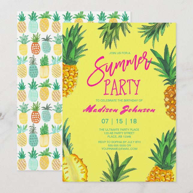 Bright Pineapple Summer Birthday Party Invitation (Front/Back)