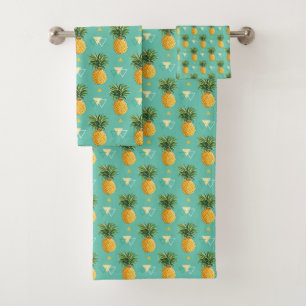 Bright Pineapples On Geometric Pattern Bath Towel Set