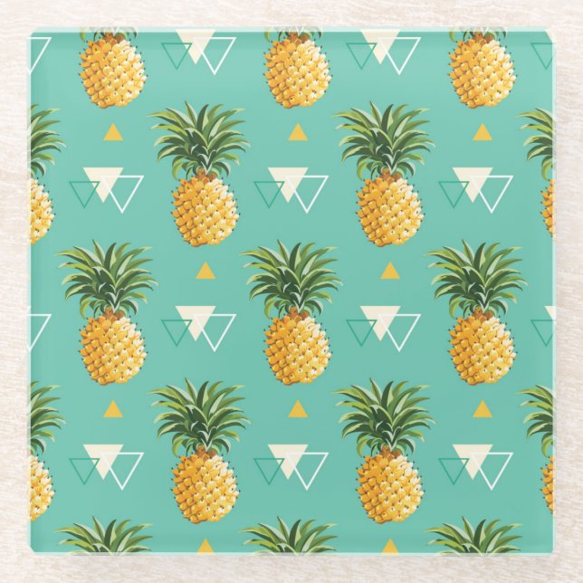 Bright Pineapples On Geometric Pattern Glass Coaster (Front)