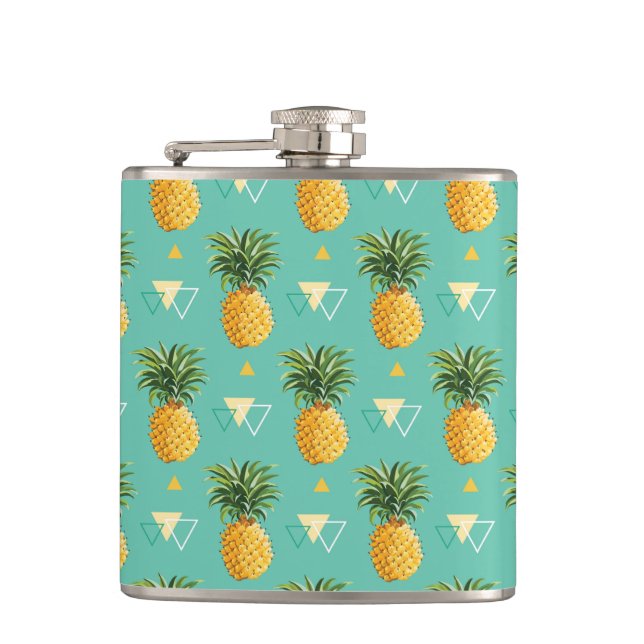 Bright Pineapples On Geometric Pattern Hip Flask (Front)