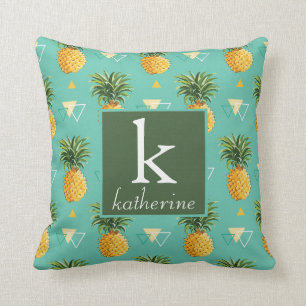 Bright Pineapples On Geometric Pattern Monogram Cushion