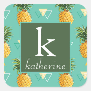 Bright Pineapples On Geometric Pattern   Monogram Square Sticker
