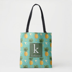 Bright Pineapples On Geometric Pattern   Monogram Tote Bag