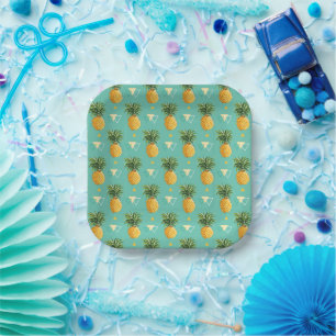 Bright Pineapples On Geometric Pattern Paper Plate