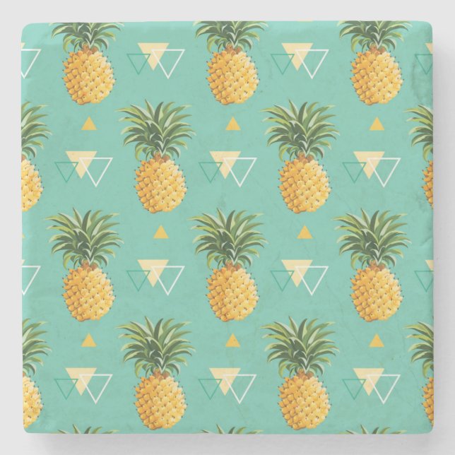 Bright Pineapples On Geometric Pattern Stone Coaster (Front)