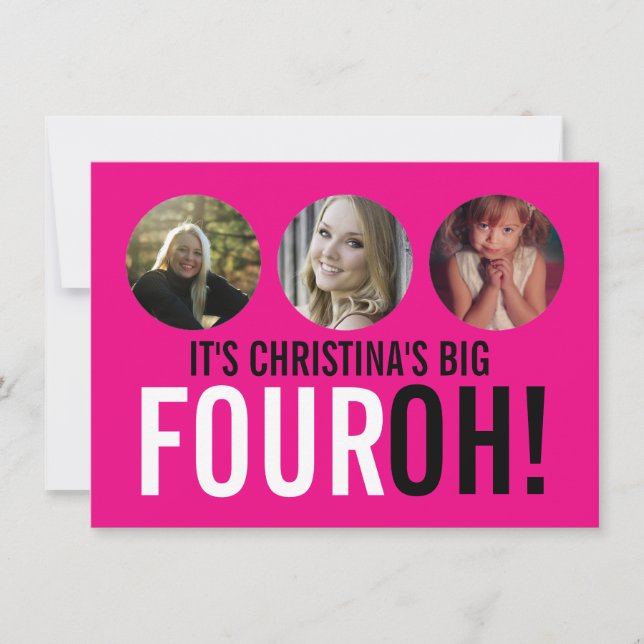 Bright pink 40th FOUROH! photo birthday invite (Front)