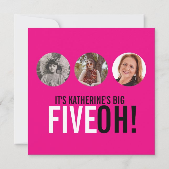 Bright pink 50th FIVEOH! photo birthday invite (Front)