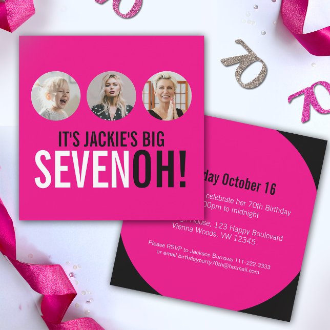 Bright pink 70th SEVENOH! photo birthday invite (Creator Uploaded)
