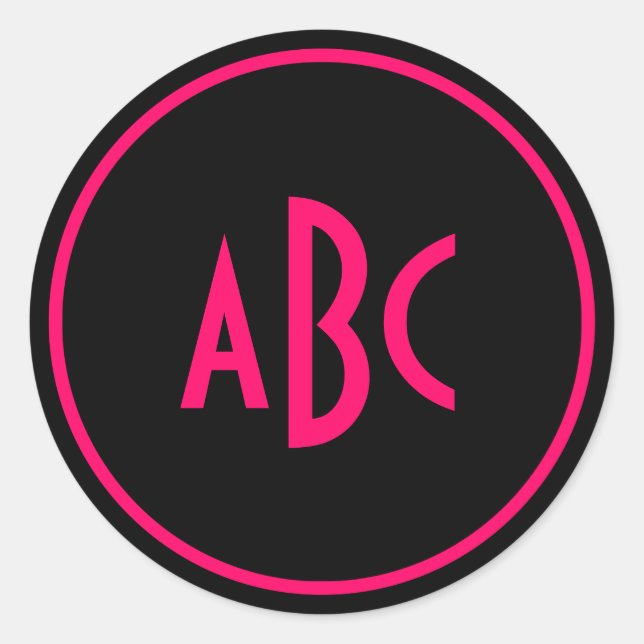 Bright Pink and Black Circle Monogram Classic Round Sticker (Front)