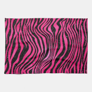 Bright Pink and Black Glam Animal Print Stripes Tea Towel